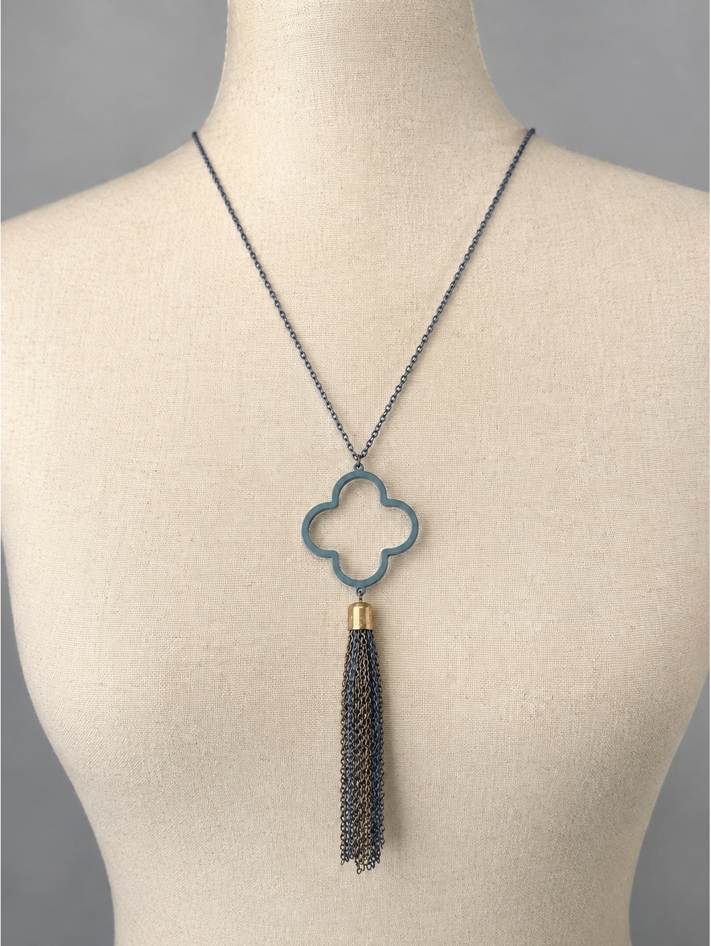 Blue and Gold Tone Chain Tassel Pendant Necklace